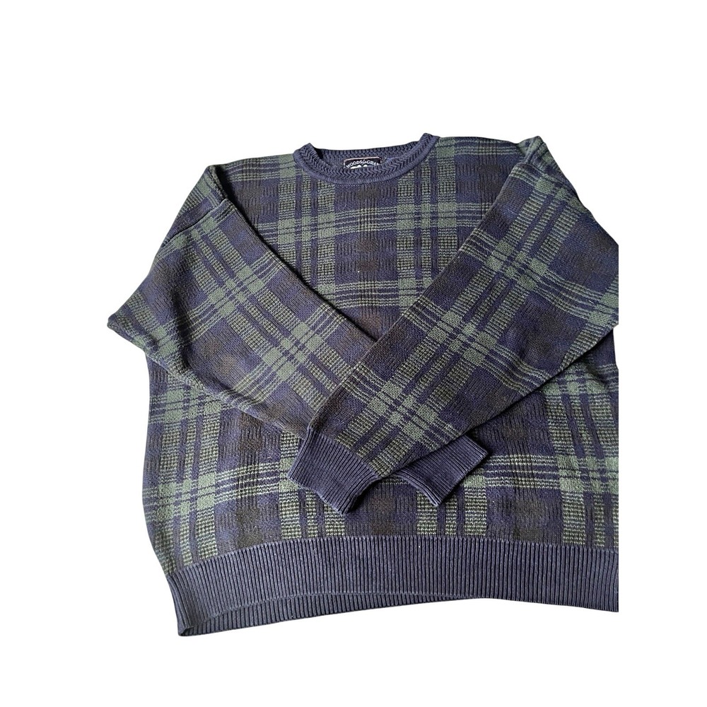 Woods & Gray Men's XL/T Big & Tall Blue Green Plaid Knit Cotton Crewneck Sweater